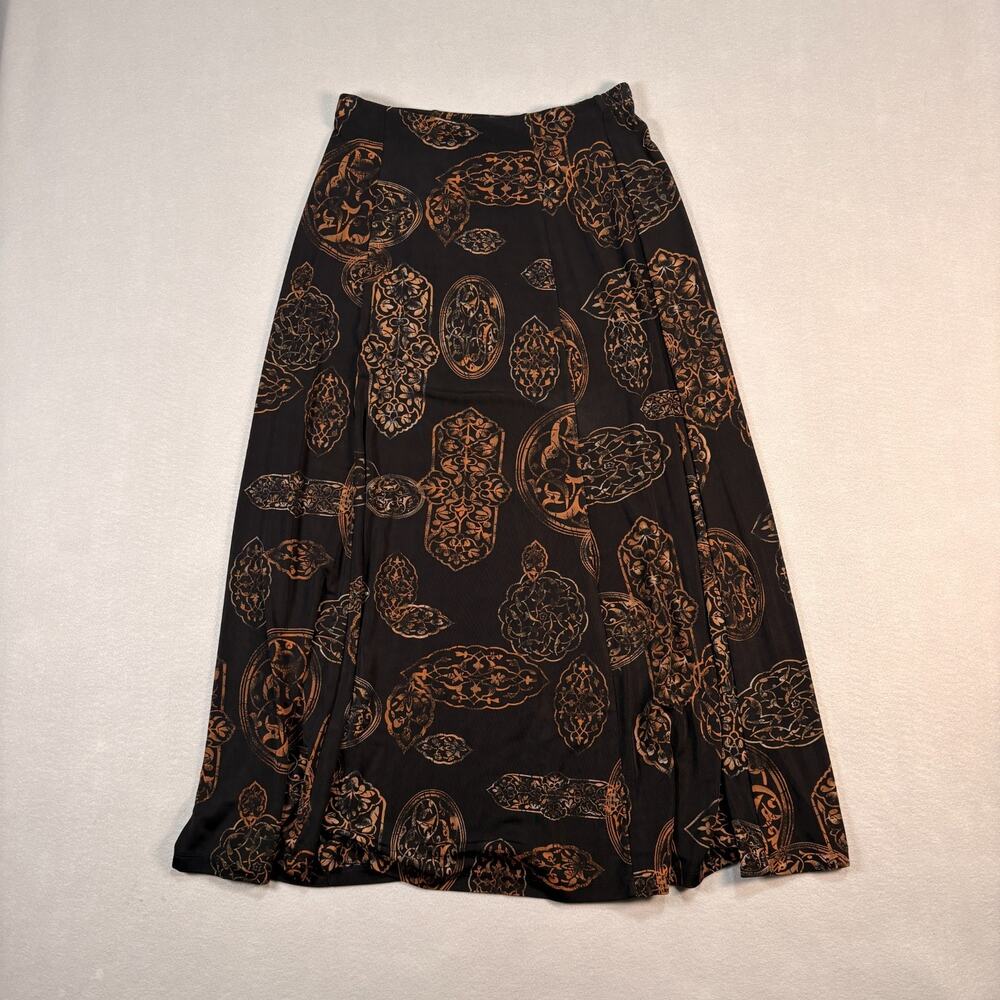 Chico's Travelers Black Tan Medallion Print Maxi Skirt Slinky Knit Size Large